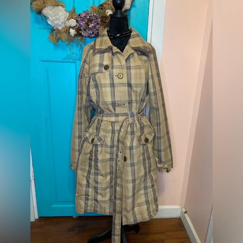 Merona Double-Breasted Plaid Belted Trench Coat